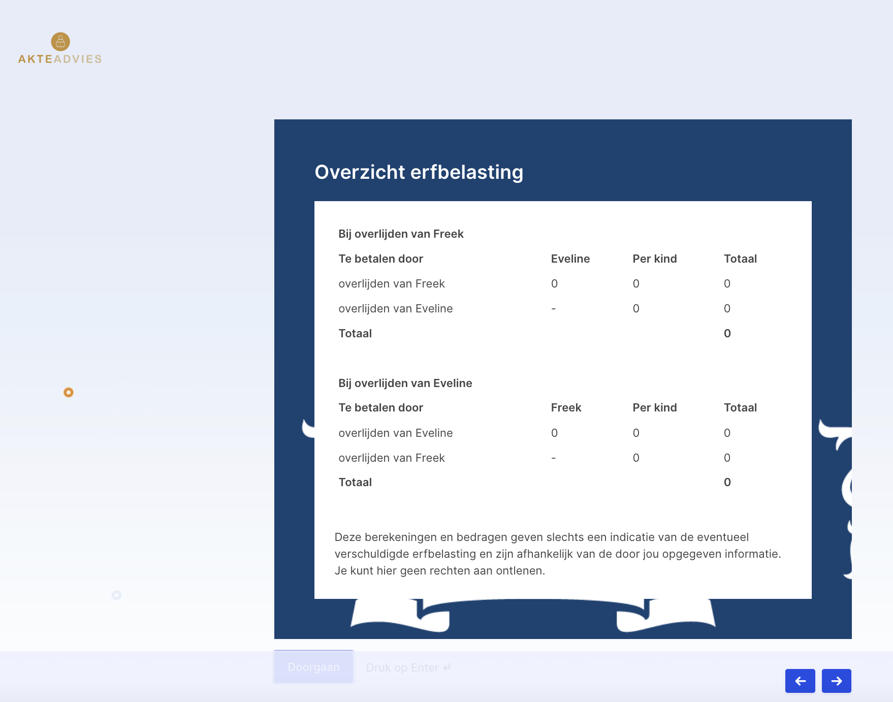 Overzicht van de berekende erfbelasting in de adviesapp